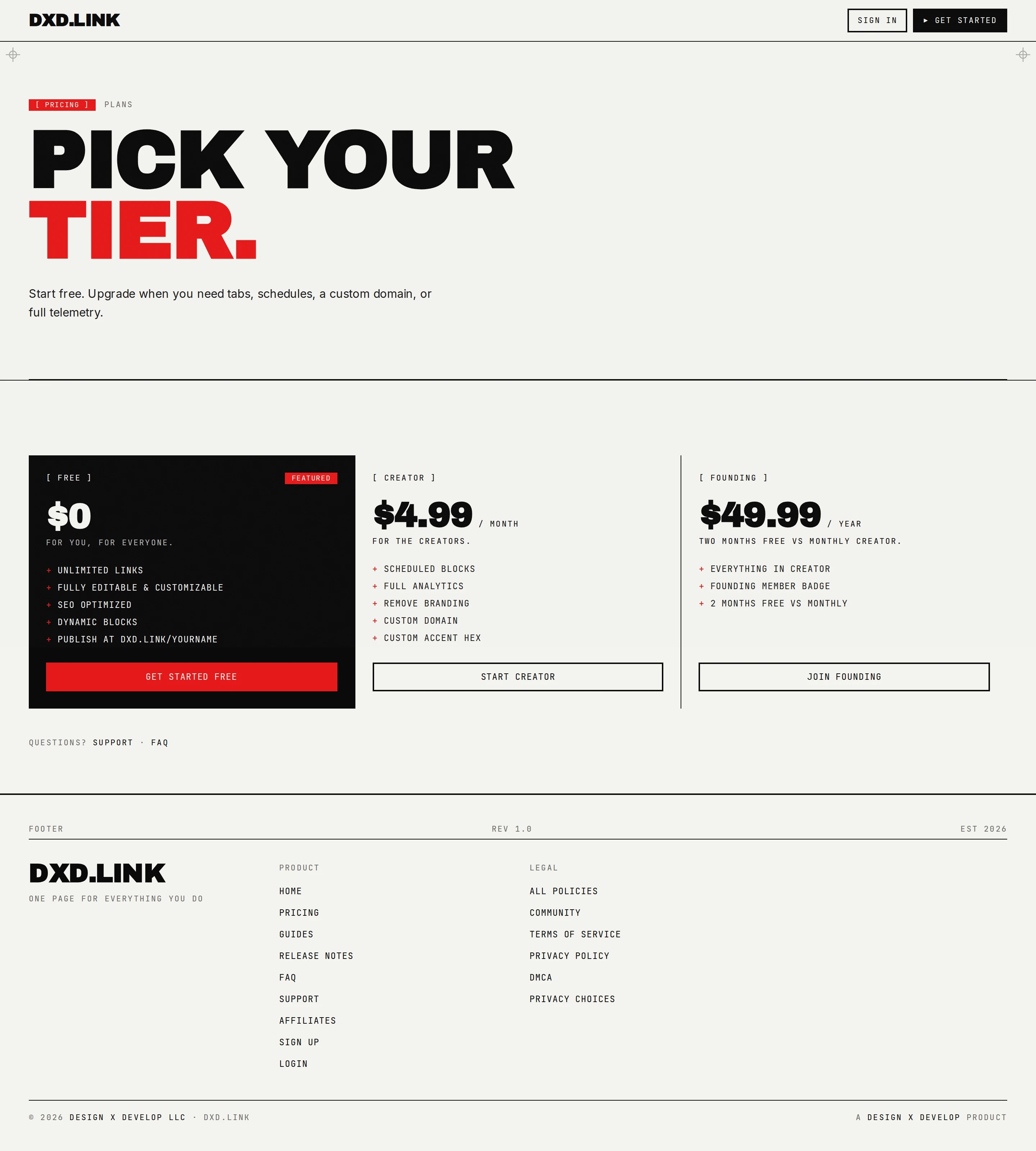 The dxd.link pricing page comparing Free, Creator, and Founding plans