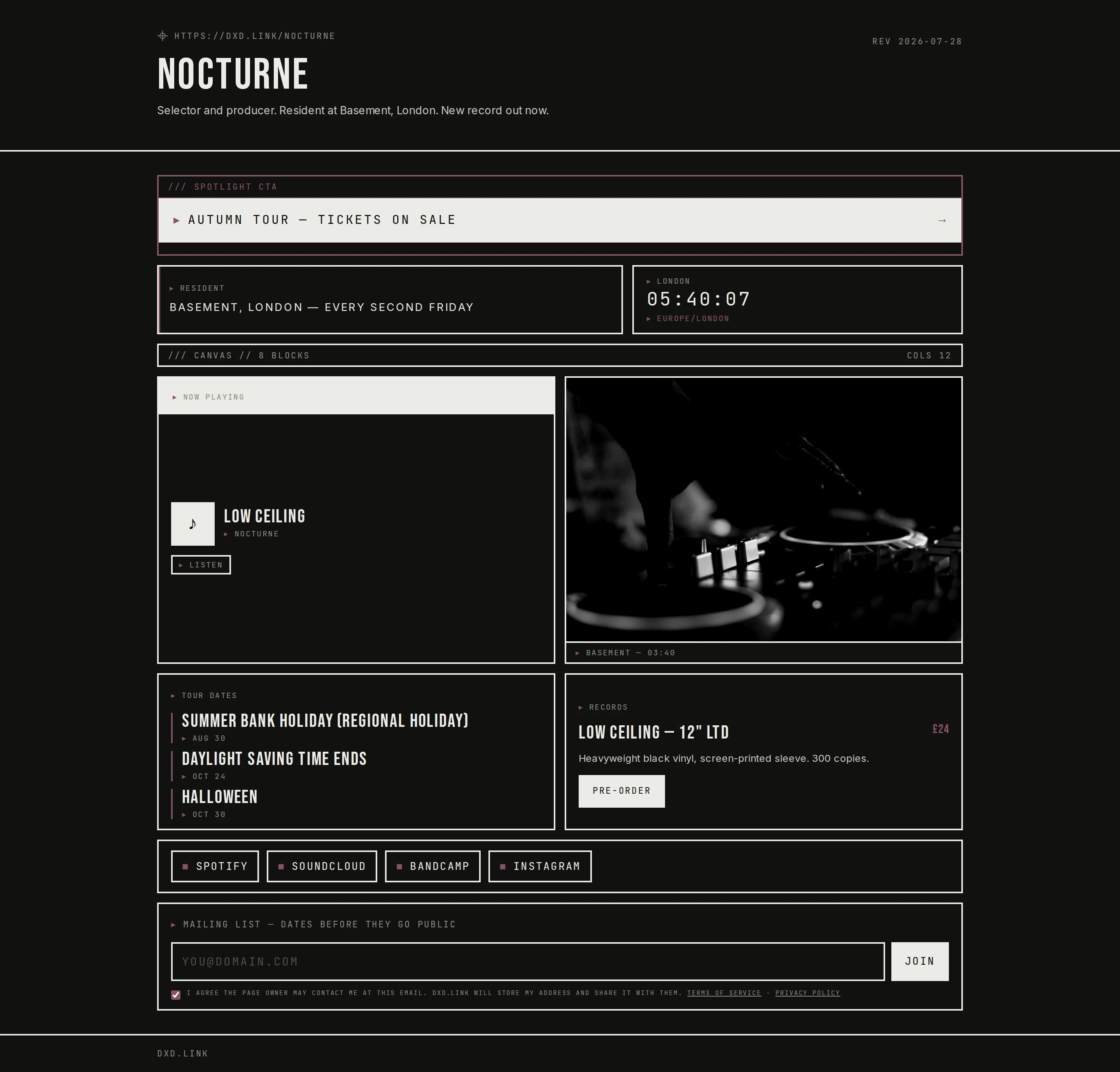 A Night Press profile with a spotlight CTA, now-playing music, tour dates, and merch links