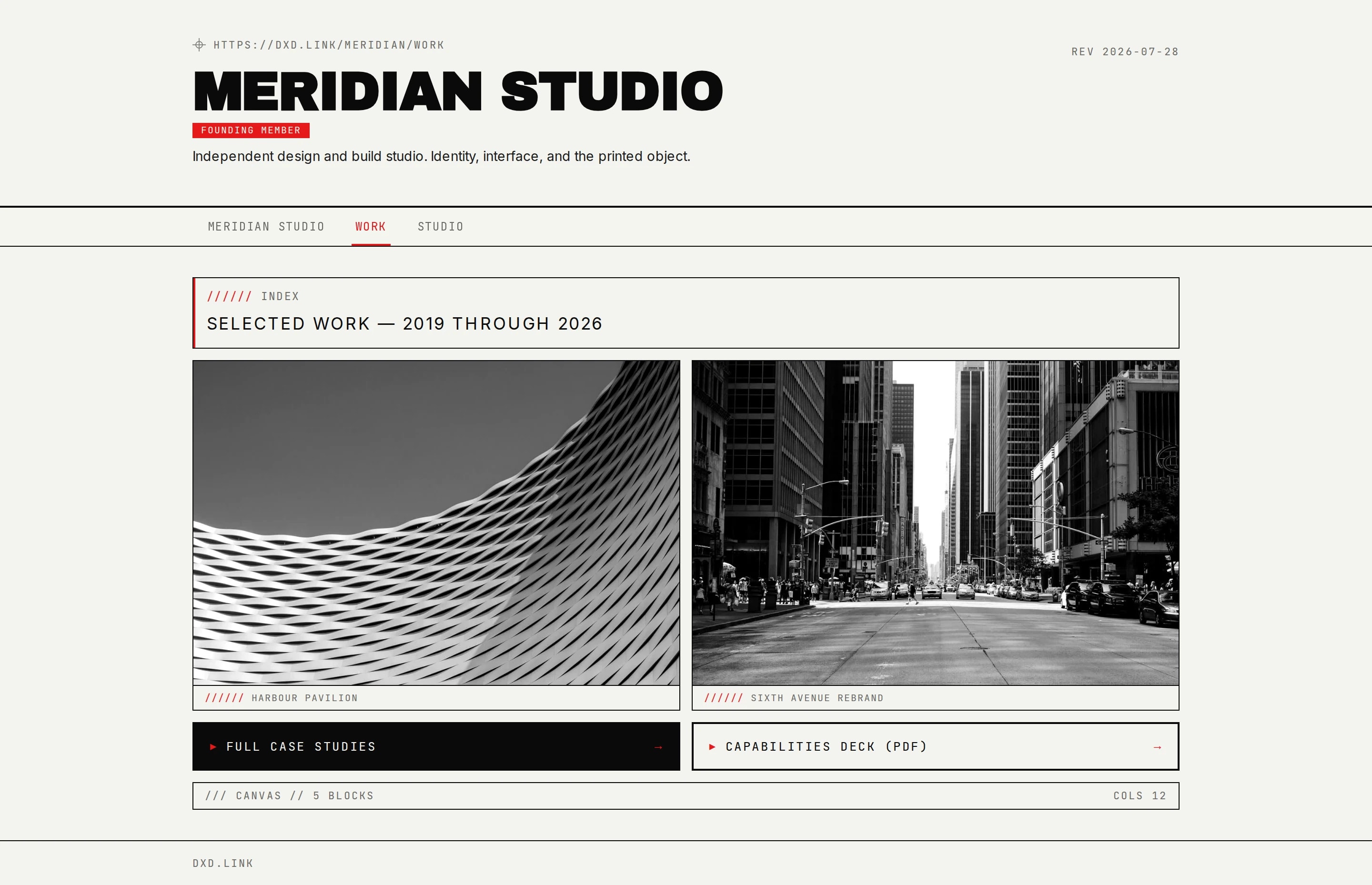 A published Work tab at dxd.link/meridian/work, with a tab strip linking back to the main page and a Studio tab