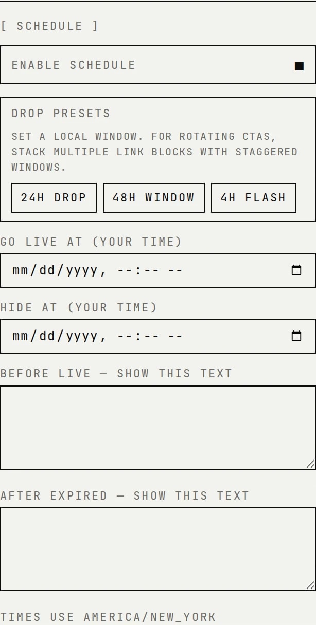 The editor block inspector with scheduling enabled, showing 24H drop, 48H window, and 4H flash presets above go-live and hide-at fields