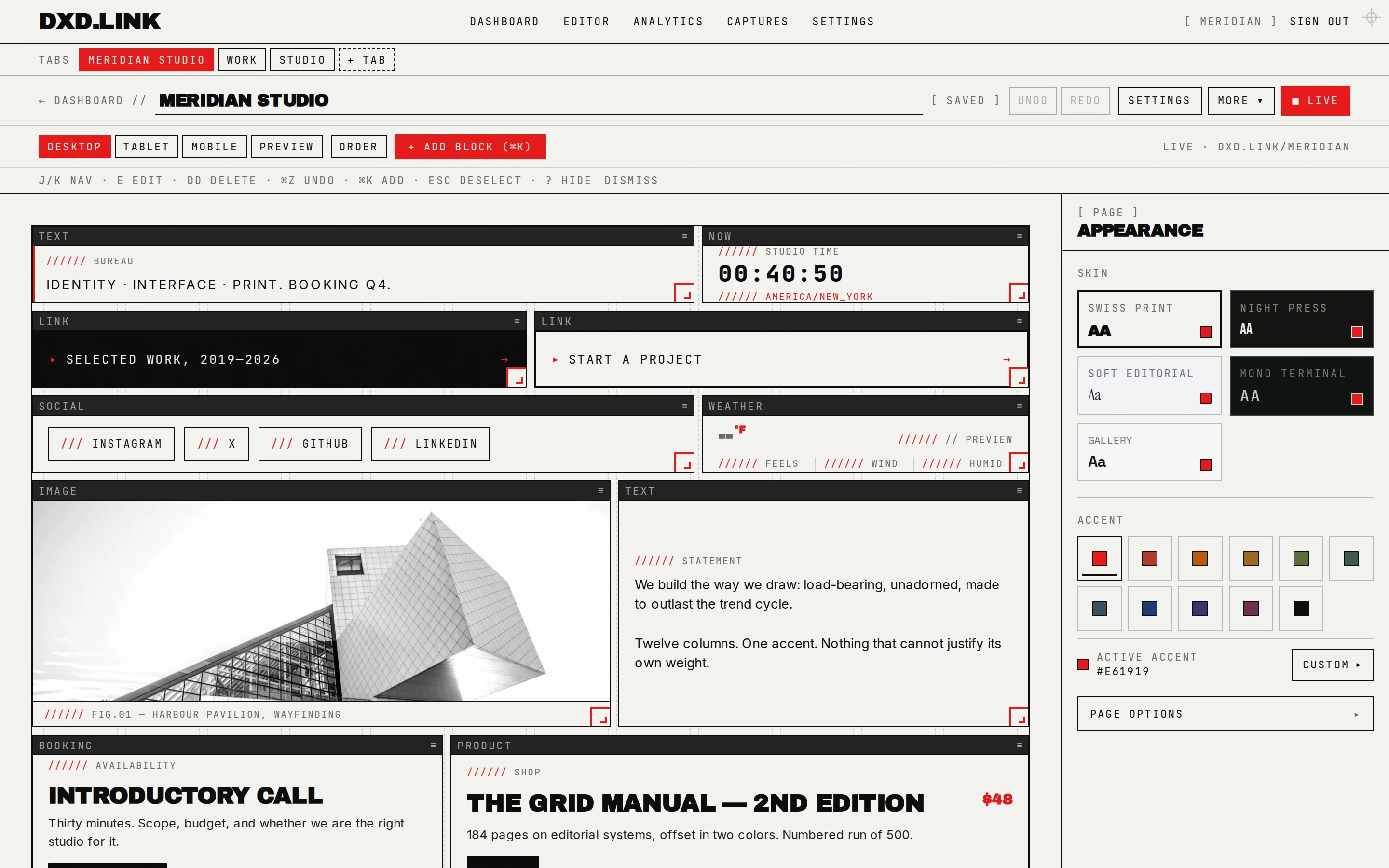 The dxd.link editor with blocks arranged on a twelve-column grid and an appearance panel on the right