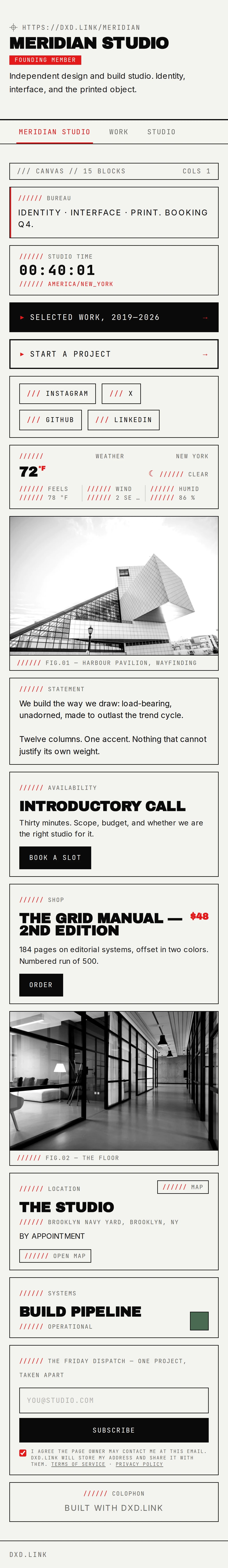 A published Swiss Print studio profile with links, weather, booking, and product cards — mobile