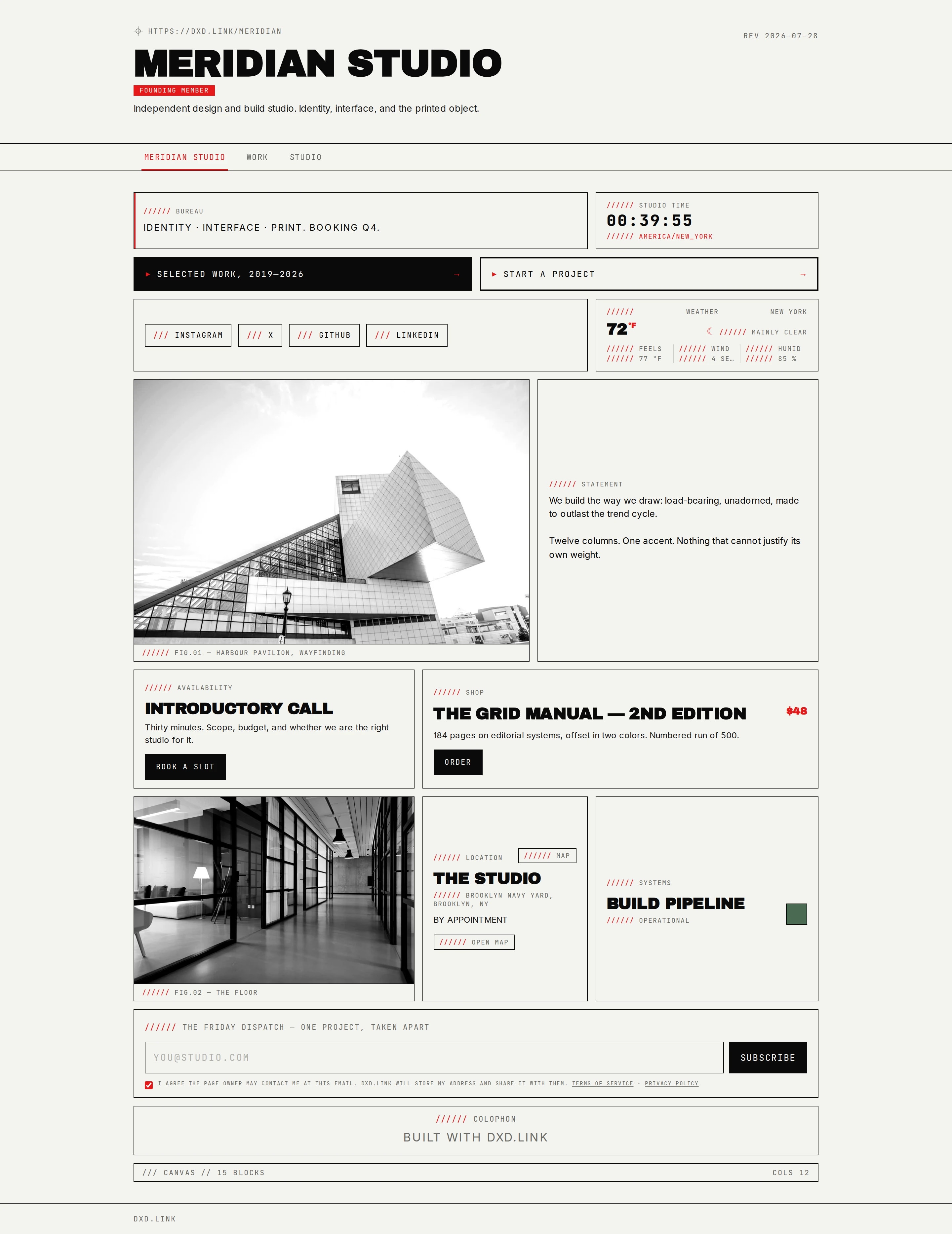 A published Swiss Print studio profile with links, weather, booking, and product cards — desktop